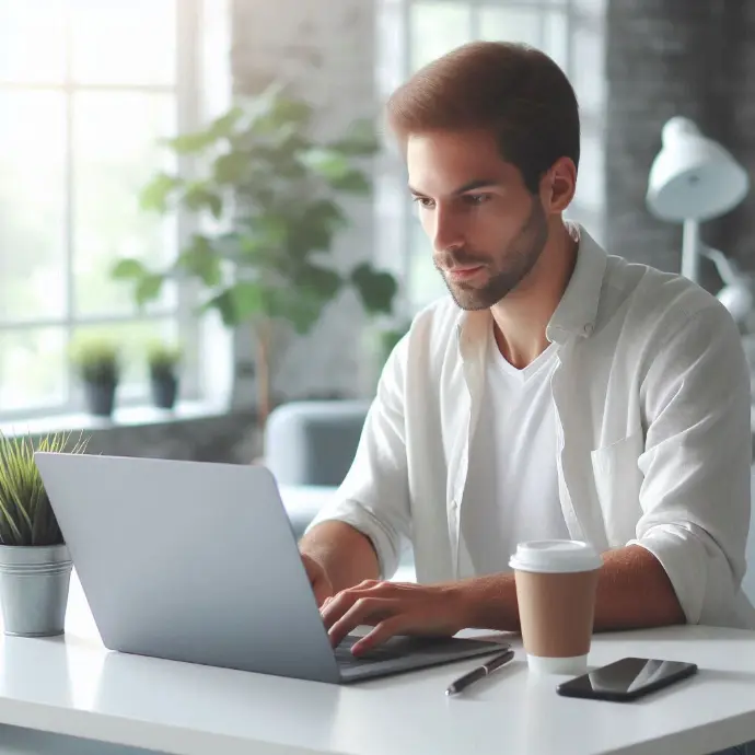 A entrepreneur typing on a laptop in a clean workspace.