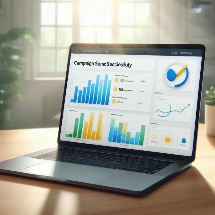 Laptop screen showing Mailchimp dashboard OR a “campaign sent” success popup with graphs.