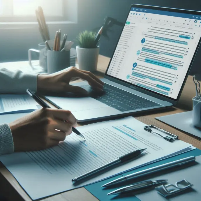 A screen showing “Review Mode” or a person highlighting email copy on paper/laptop.
